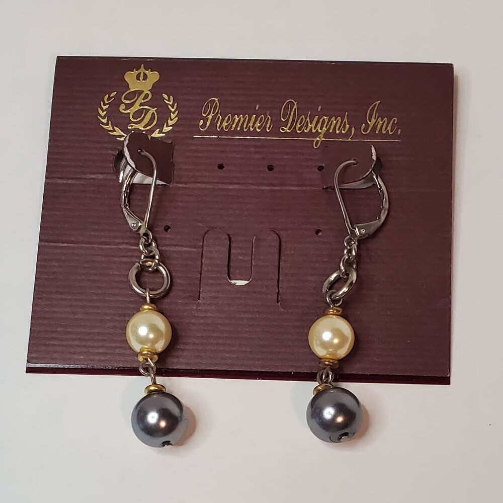 Premier Designs "Megan" Blue/Grey Pearl and White Pearl Earrings